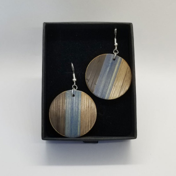 Boucles d'oreilles Rondes bleues jeans et marron 